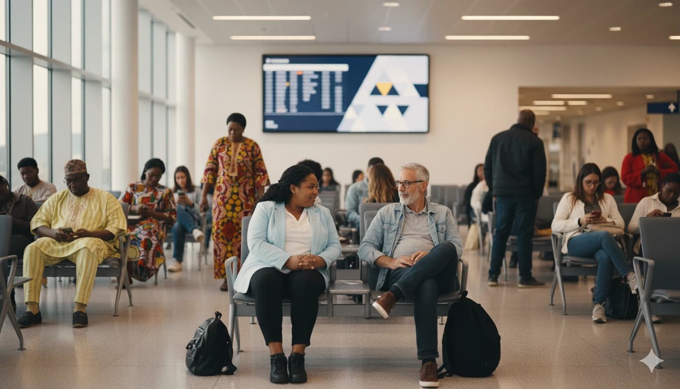 Passengers waiting at a boarding gate with screens showing flight updatesBoarding Gate