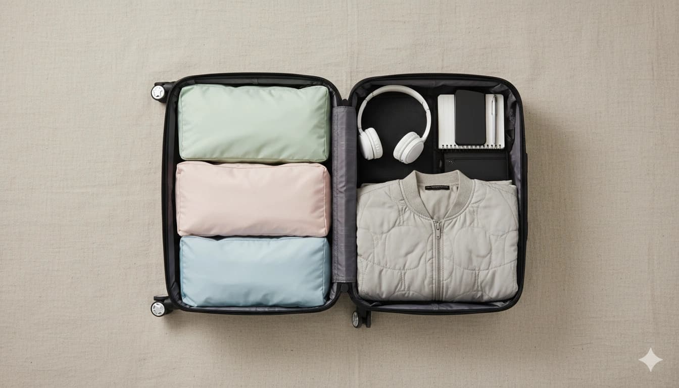 Open carry-on suitcase with neatly organised cubesCarryon Open