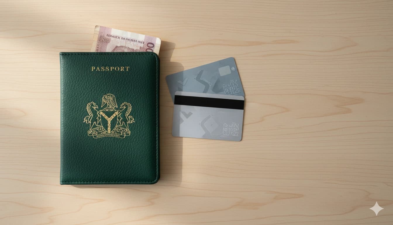 Passport, cards, and cash pouch laid out for a tripDocs Money