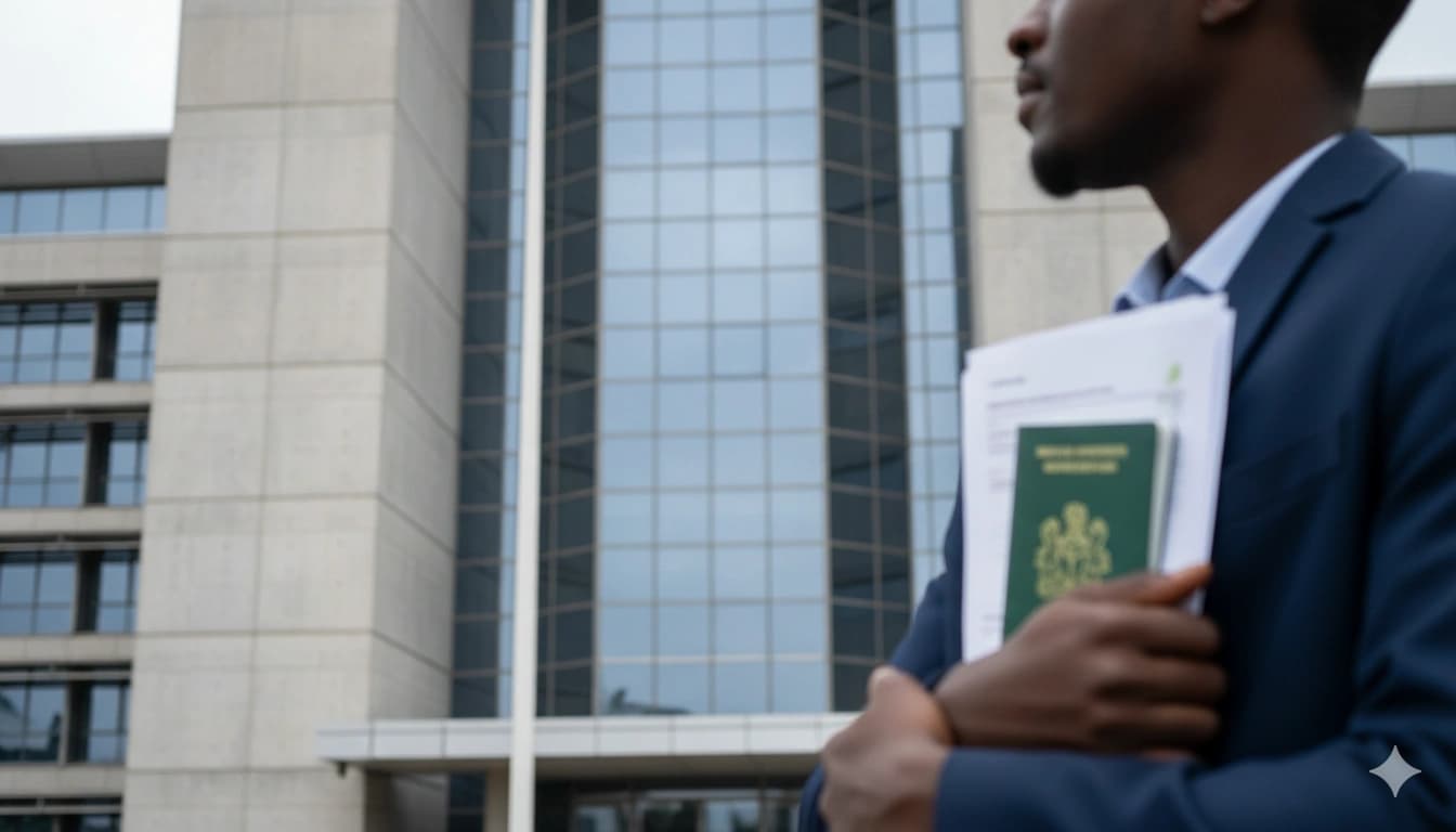 Nigerian traveller outside an embassy after visa appointmentEmbassy Day