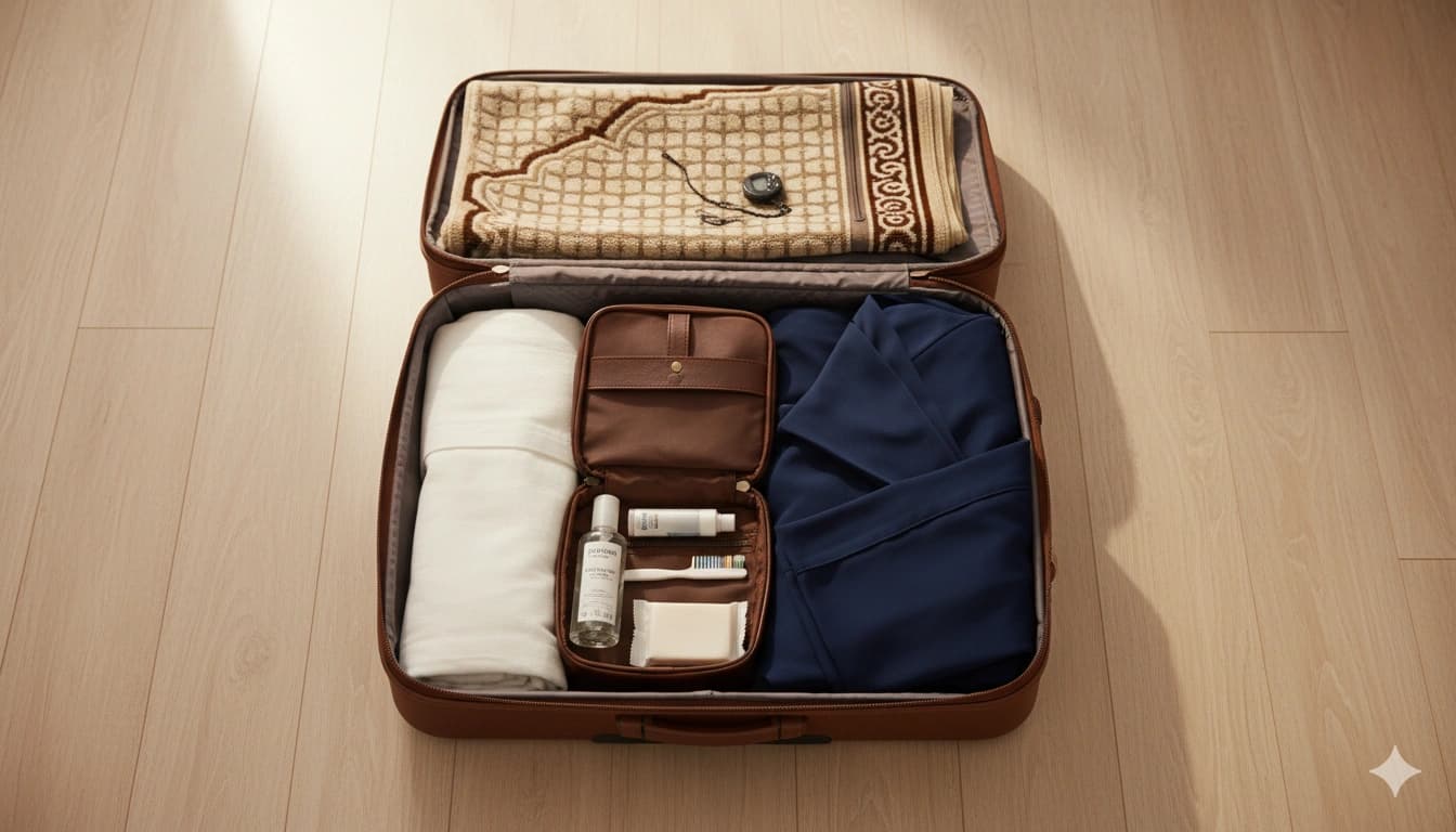 Packing modest clothing and prayer items for Umrah/HajjPilgrim Packing